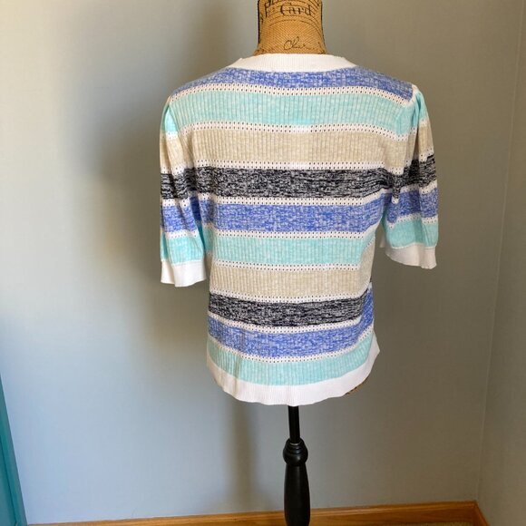 Loft NWT Striped Puff Sleeve V-Neck Cardigan Top Women Size XL White Blue Gray - Picture 4 of 12